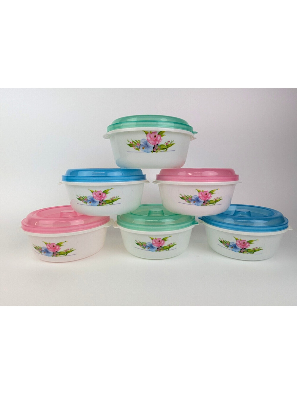 Ratan Set of 6 Floral Plastic Food Storage Bowls with Lids Microwave Omega-2